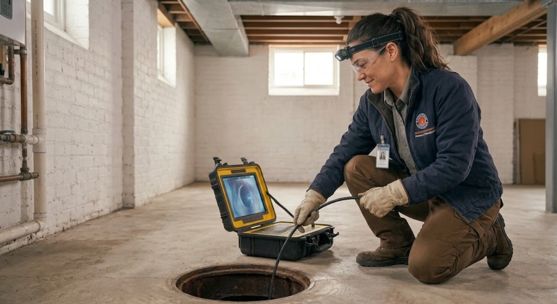 High-definition sewer camera inspection Throgs Neck Bronx technician surveying subgrade sewer pipe condition